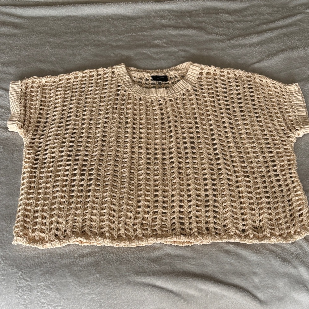 Miou Muse Women's Chic Beige Open Knit Crochet 100% Cotton Crop Top Large EUC
